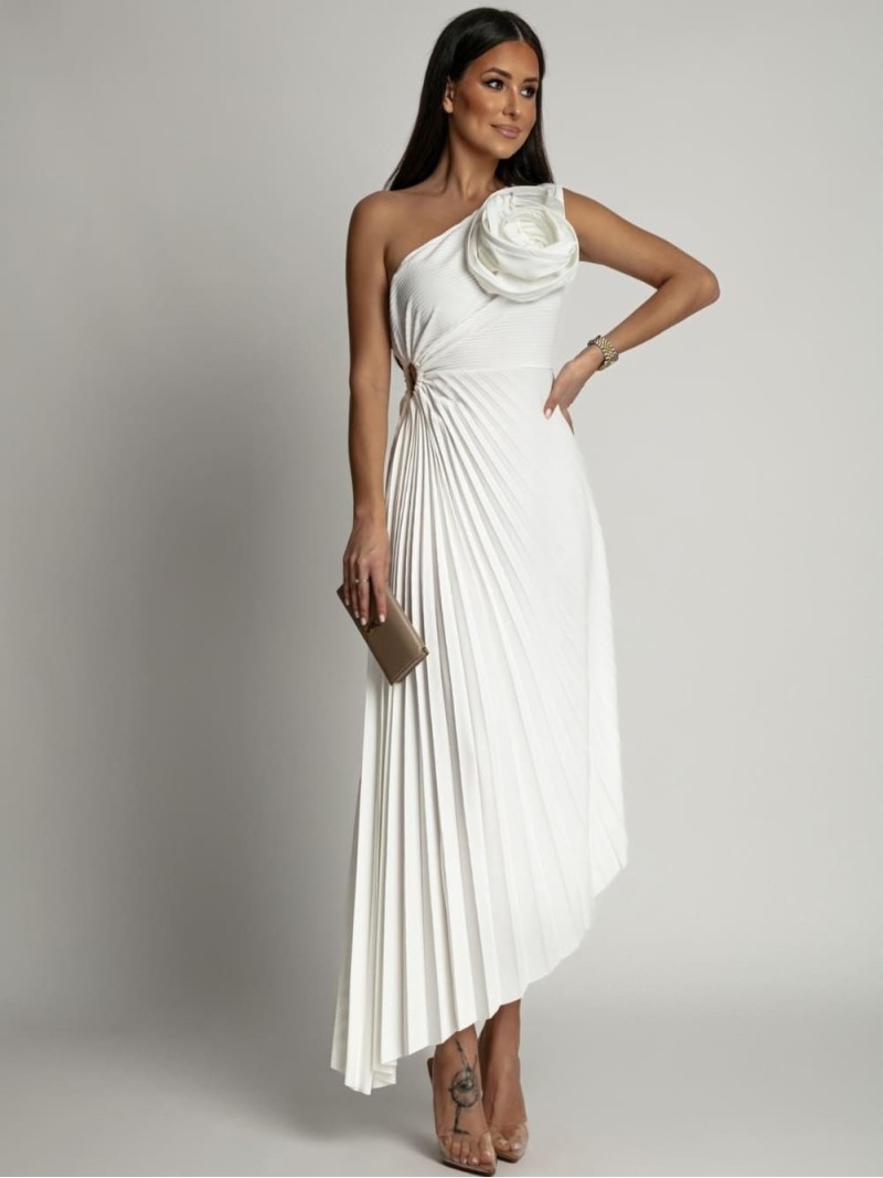 Elegant pleated dress with a flower, white AZRHP6987